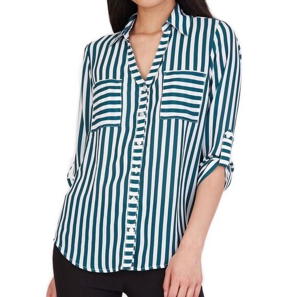 TORRID L Vertical Stripe Blouse Tunic Green White Split Neck Roll Tab Sleeve - Picture 1 of 9